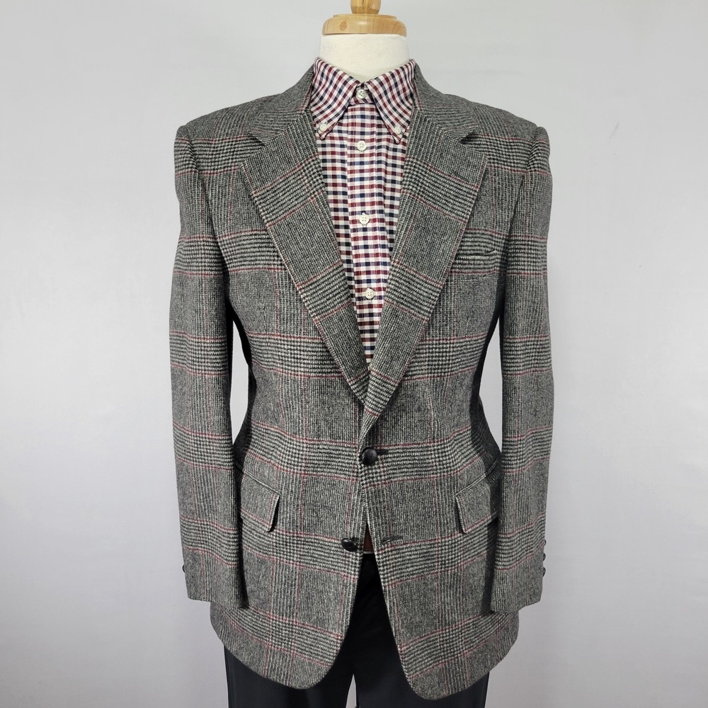 HALSTON Men's Camel Hair Sport Coat Blazer Two Button Gray Red Plaid 40R